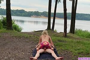 Public cowgirl ride with a cum shot finish on the bare tits
