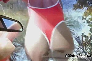 Three girls give a car wash with a sexual twist in the background.