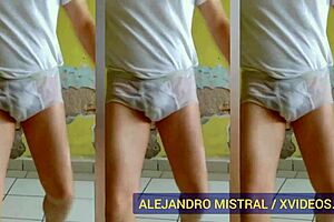 Gay man dancing in wet underwear and pantyhose for his mistress.