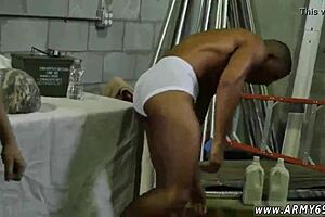 Straight and gay military personnel in uniform engage in anal sex and big cock action in group scene.