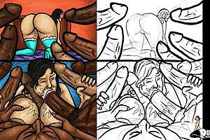 A hot milf from the hispanic community enjoys big black cocks in a group scene.