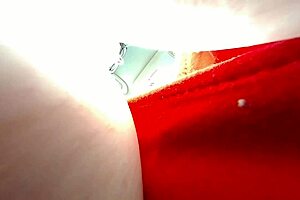 A man hiding from a giantess inside her breast in POV style