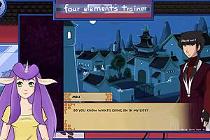 Hentai game with big tits and a royal handjob