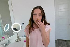 Step-sister gets surprised by step-brother in the bathroom and then gets fucked