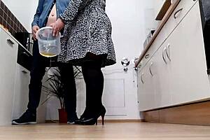 My mother-in-law is a slut and she performs a deep throat job on me in the kitchen