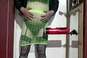 Shy crossdresser enjoys solo masturbation with a machine