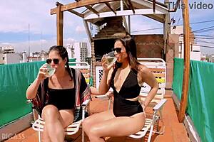 Outdoor threesome with beautiful girls and deepthroat action