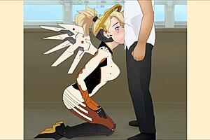 Overwatch's Mercy gets a deepthroat treatment in this porn video