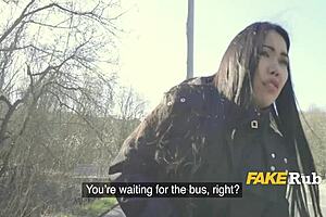 Petite Asian girl sucks big dick for money and snow