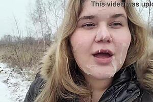 Huge facial of cute chubby girl in bad weather