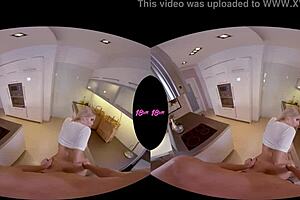 Beautiful blonde teen with large breasts in hardcore kitchen and garage VR sex scenes