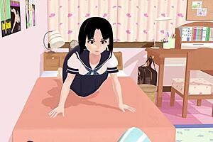Asian schoolgirl in sailor uniform poses in her room