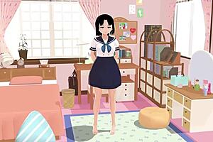 Asian schoolgirl in sailor uniform poses in her room