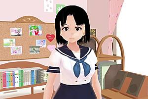 Asian schoolgirl in sailor uniform poses in her room
