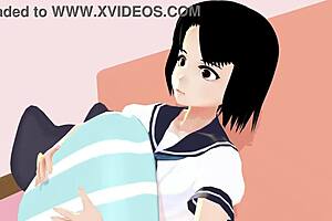 Asian schoolgirl in sailor uniform poses in her room