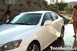 Two pretty teenage girls have sex on the car bonnet
