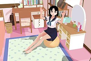 Asian schoolgirl in sailor uniform poses in her room