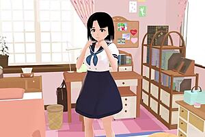 Asian schoolgirl in sailor uniform poses in her room