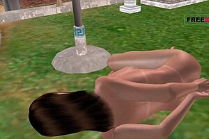 3D cartoon of girl masturbating with cucumber on her pussy