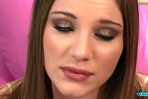 Brunette gets dirty talking and deepthroat with big cock
