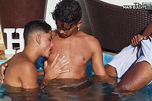 A threesome with my girlfriend and a slut at a pool party