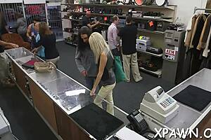 This is a hardcore amateur sex video with a rough blowjob and doggystyle action in a shop