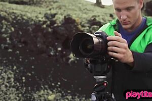 A blonde model gets into some trouble with a pervert photographer outside