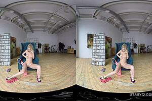 Pretty blonde amateur with natural breasts strips in VR