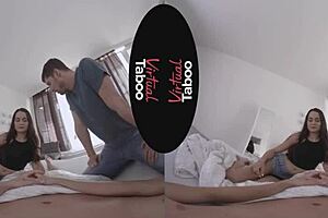 VR porn with a taboo theme with a shaved brunette getting her ass fucked