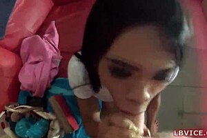 Beautiful shemale gives great blow job and facial in POV video