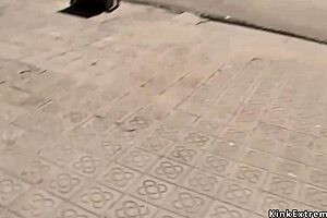 Outdoor exhibition of handcuffed blonde giving blow job