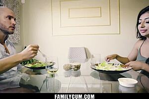 Young beauty sucks big cock under the table from stepfather