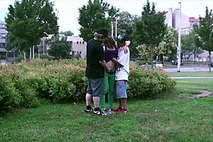 Teen guys gang bang Alexis Crystal in public car orgy