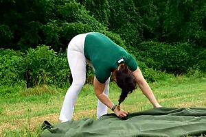 Real camping experience in thong bodysuit