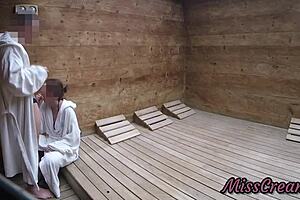 Public sauna action with a teen and a big cock