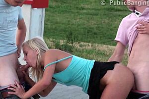 Public gang bang with a naughty teen on the street