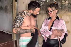 Public deepthroat gagging with a tatted up trafficker