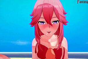 Yae Miko in bikini having sex on the beach