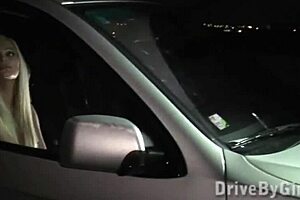 Beautiful blonde has sex with several men in a car outdoors