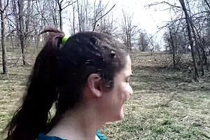 Brunette gets covered in cum after a hot public display