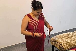 Beautiful house wife in red saree gives blow job and rides with great enthusiasm
