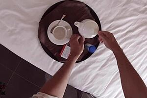 A young vixen named Baby Nicole has a waiter assist her in a webcam performance