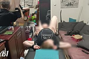 Young redhead gets tied up and fucked on desk