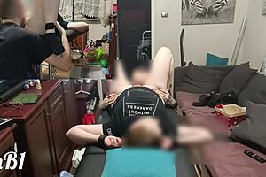 Young redhead gets tied up and fucked on desk
