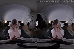 Big boss enjoys shaved pussy and big tits in dark room VR
