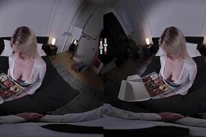 Big boss enjoys shaved pussy and big tits in dark room VR