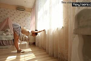 Saggy yet hot tits of a gymnast during stretching exercises