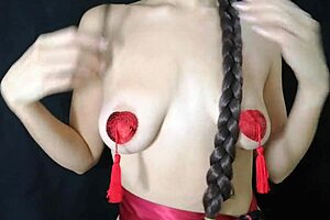 Teen skinny brunette with long hair, solo play with nipple stickers