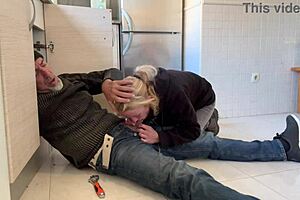 Hot wife gives deepthroat blowjob to plumber in kitchen