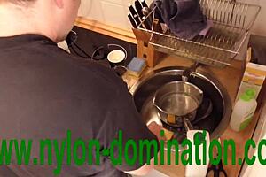 A nylon clad domina trains her housewife in BDSM techniques